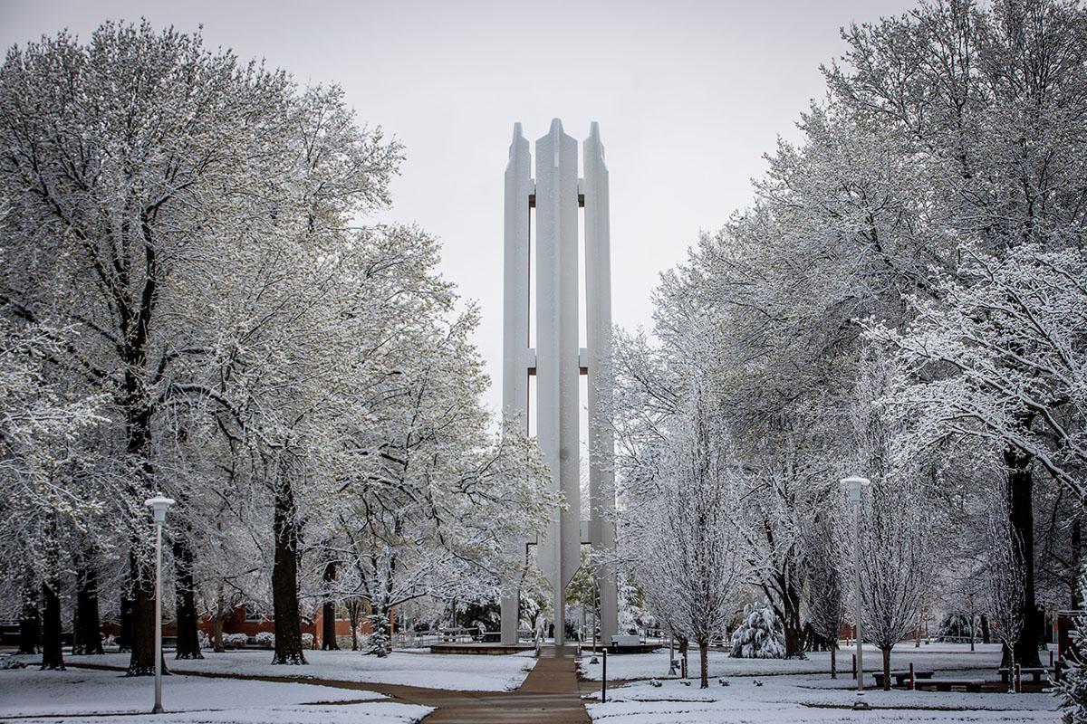 冬天的一天，纪念钟楼被白雪覆盖的树木包围着.